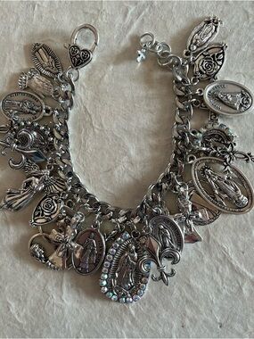 Charm Bracelet, Guadalupe, Saints Crosses Silver Tone Catholic All Saints Day